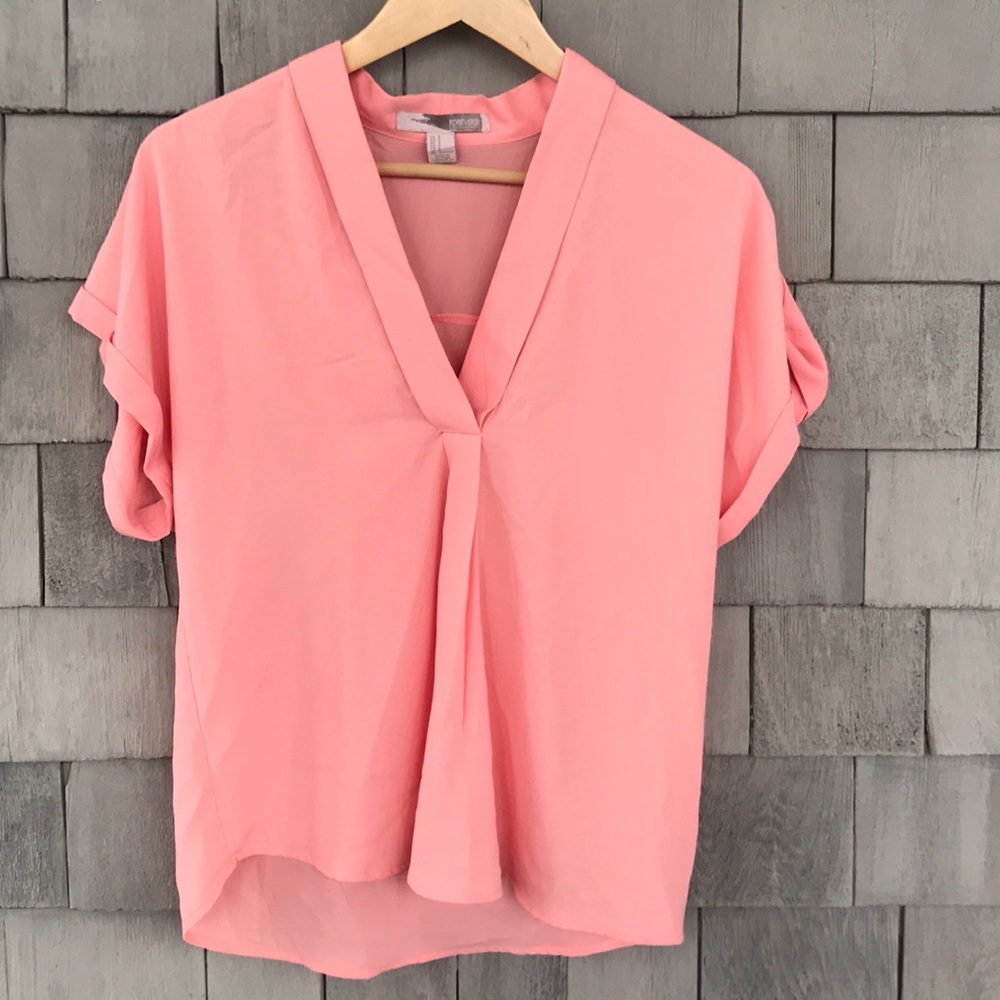 Salmon Short Sleeve V Neck Blouse